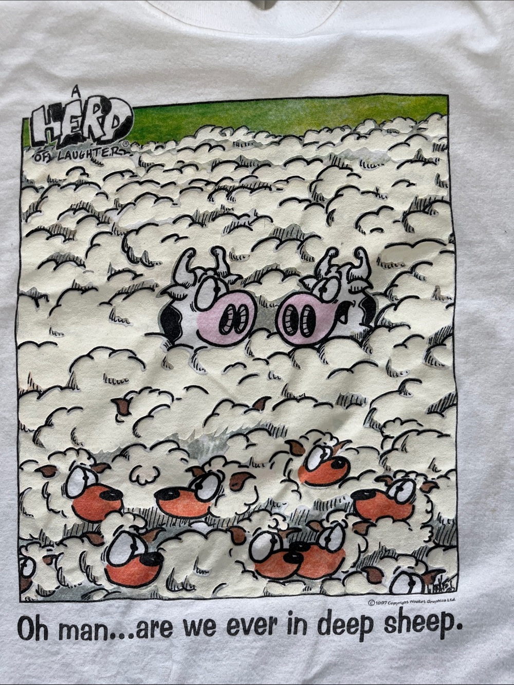 Vtg 90s A Herd Of Laughter "Deep Sheep" Graphic Tee White Size L 1997